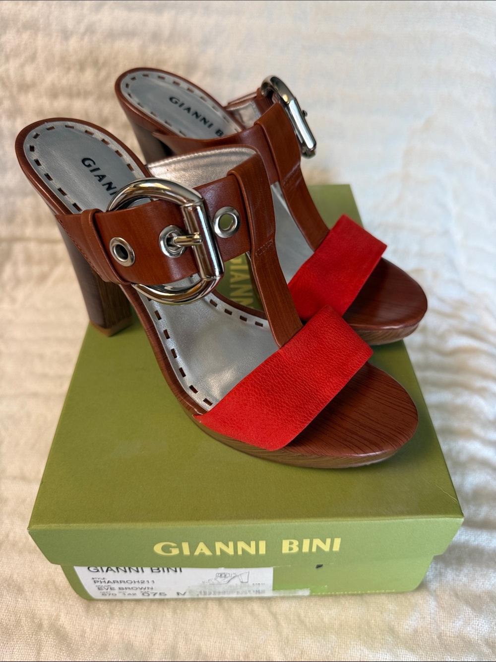 Gianni Bini Red & Brown Leather Buckle Block Heel Slides
